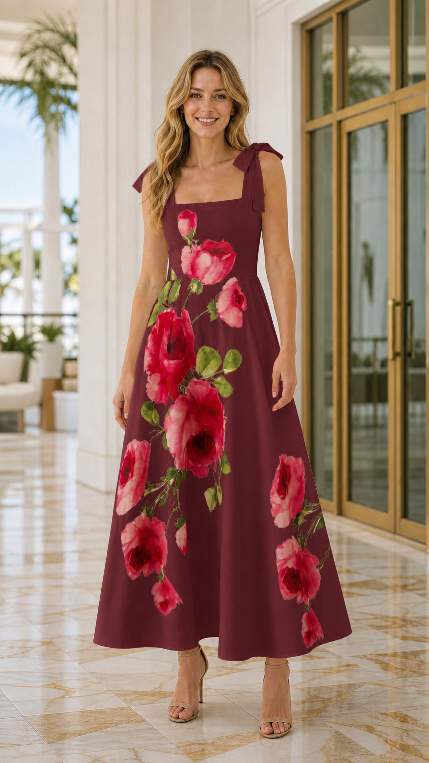 Women's Square Neck Floral Print Tie-Strap Maxi Dress