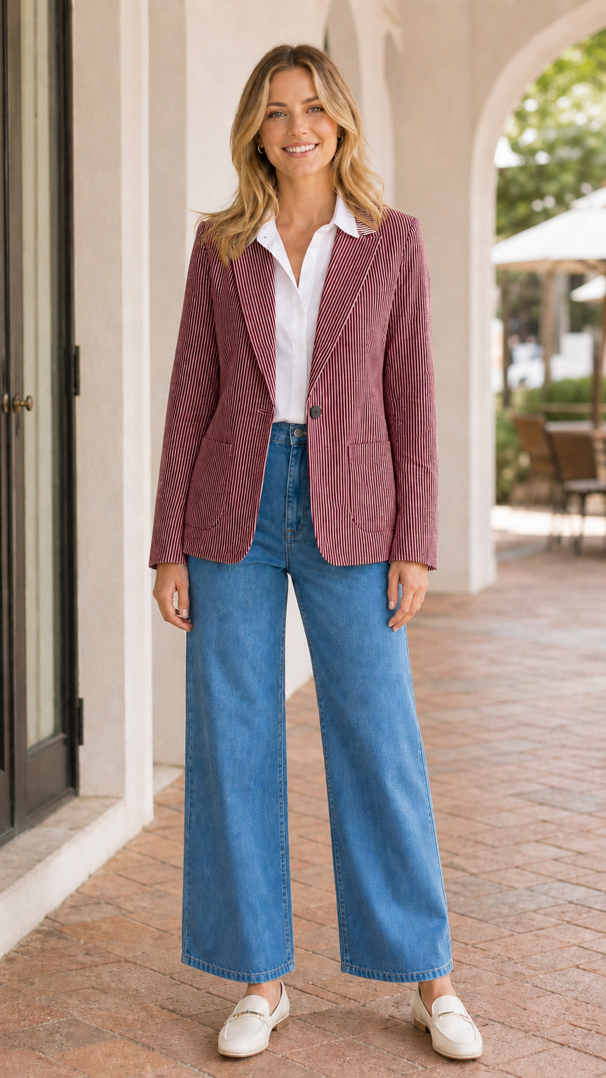 Women's Classic Striped Single-Button Tailored Blazer