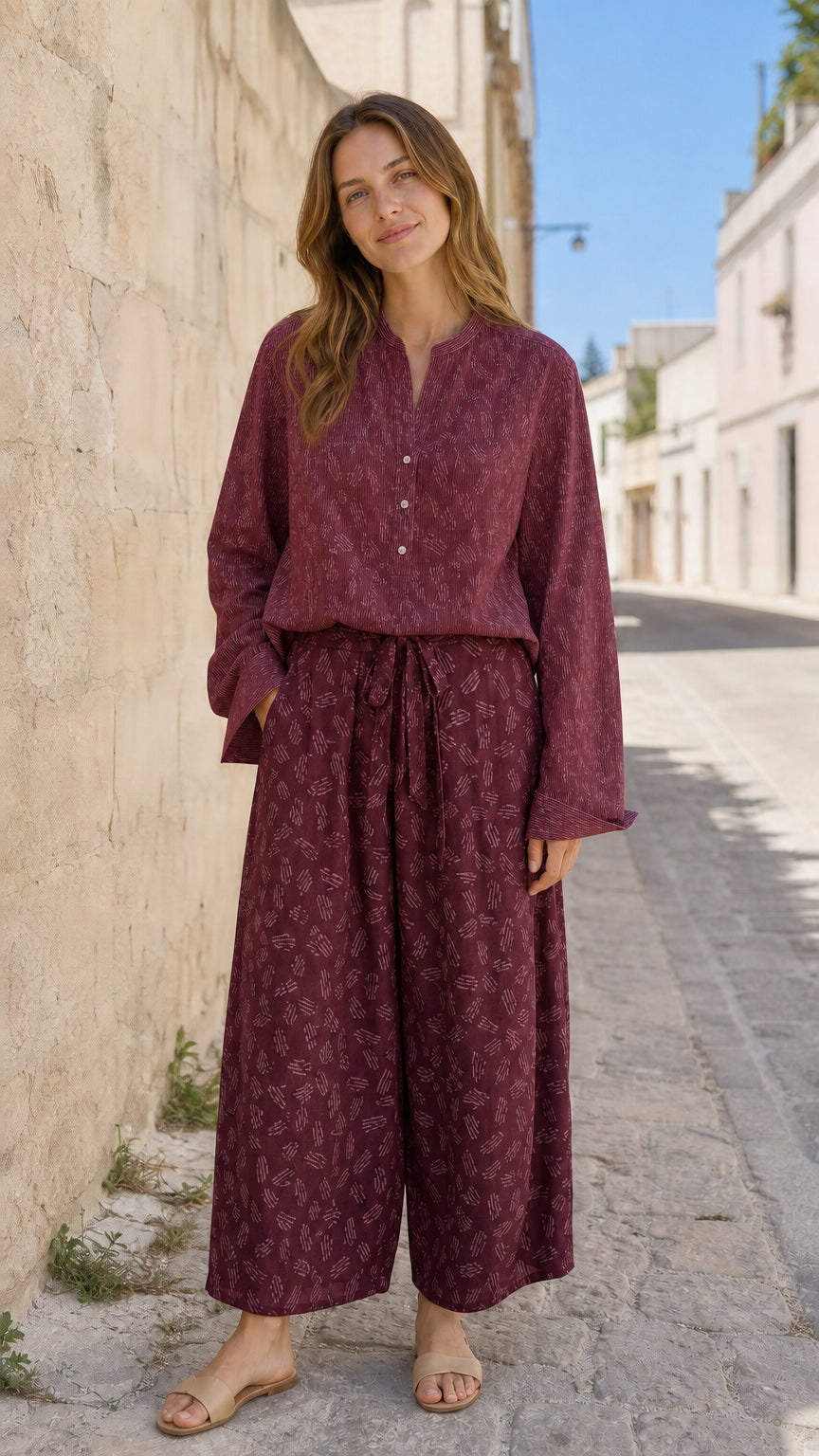 Women's Casual Two-Piece Long Sleeve Blouse and Printed Wide-Leg Pants Set