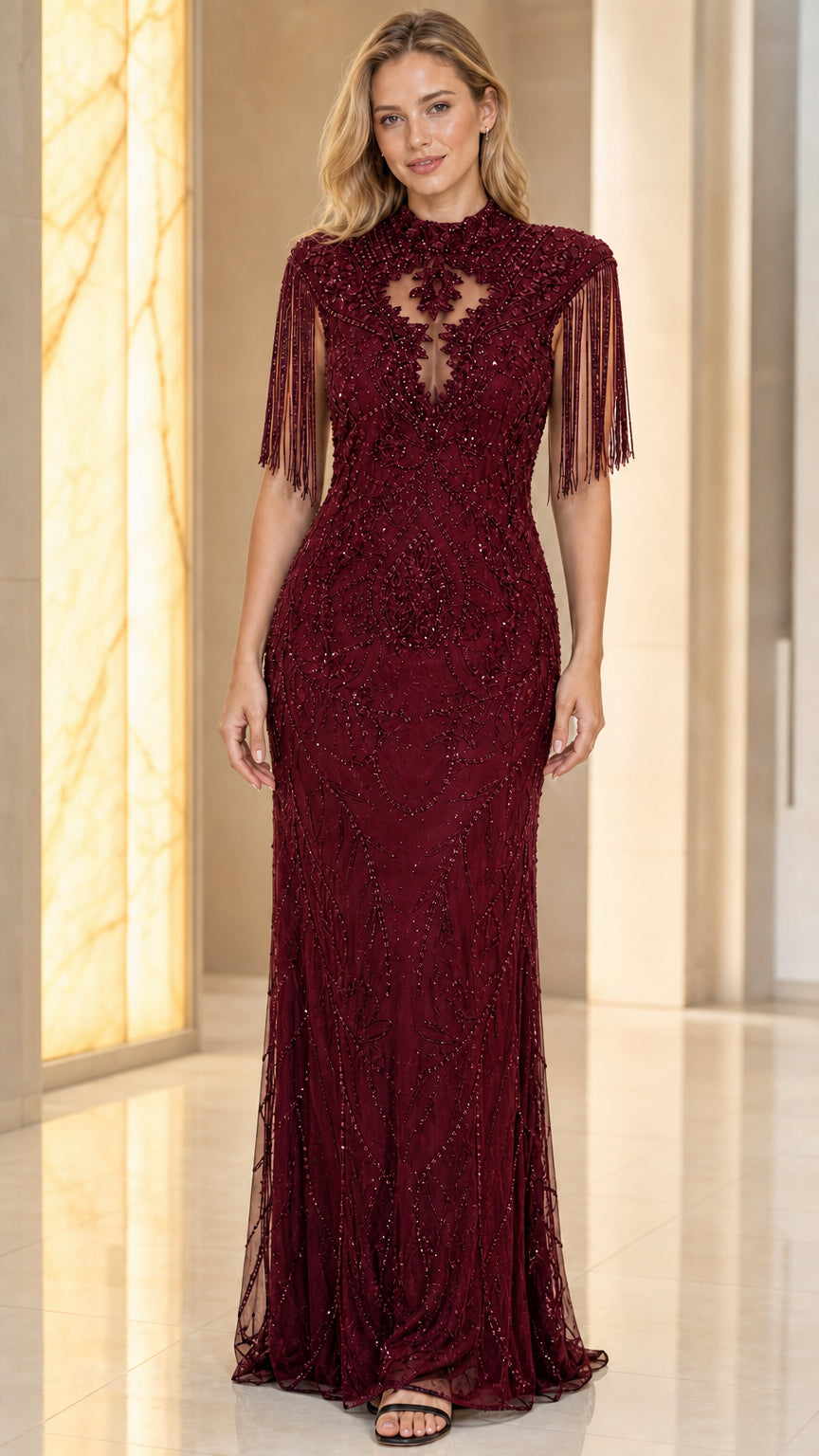 Front view of burgundy evening gown variant