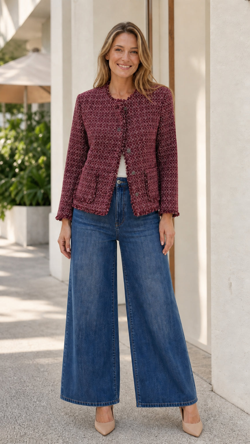 Classic Fringe-Trim Tweed Button-Front Jacket