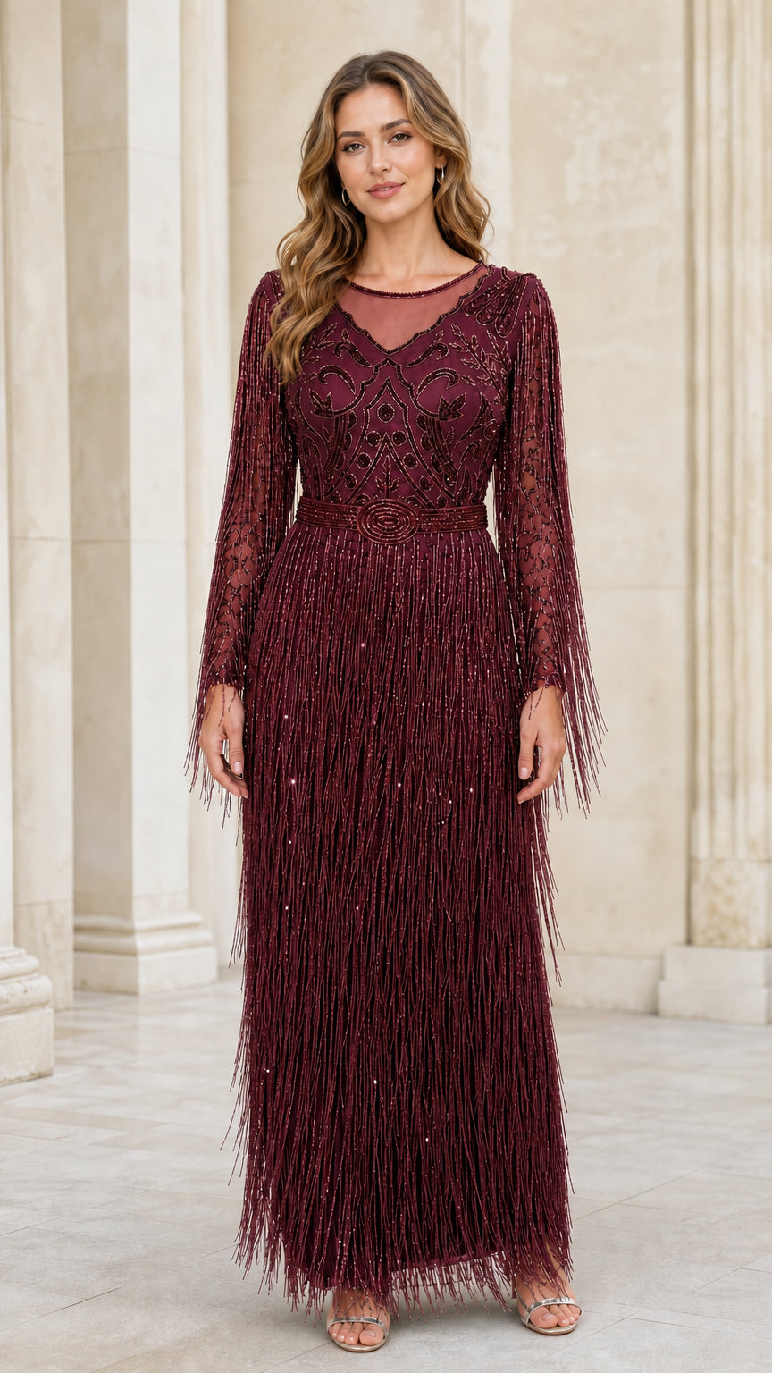 Front view of burgundy beaded fringe evening gown