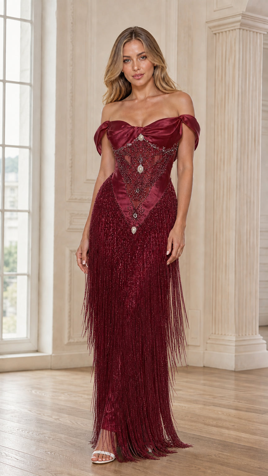 Front view of burgundy off-the-shoulder fringe evening gown