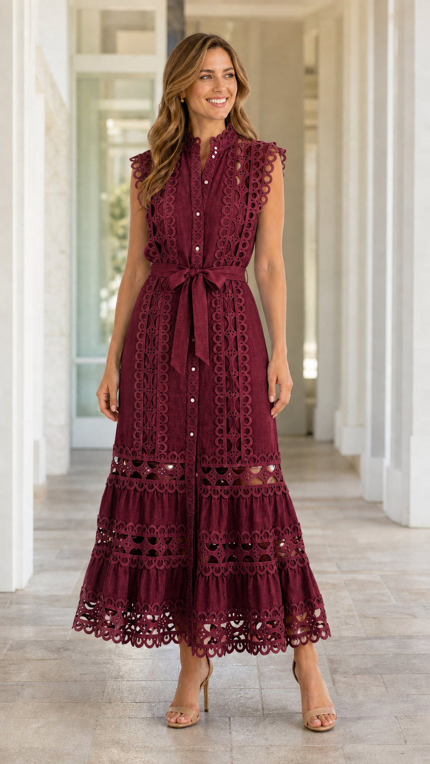 Women's Sleeveless Eyelet Lace Midi Dress with Self-Tie Belt