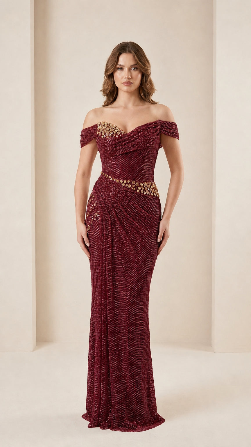 Front view of burgundy color variant of the evening gown