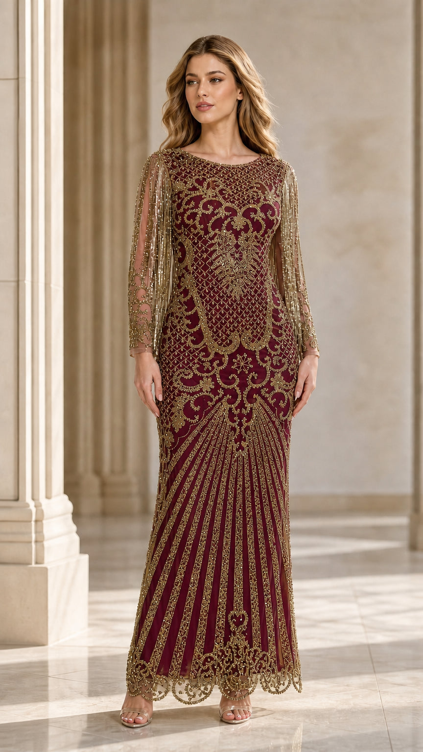 Burgundy beaded evening gown variant