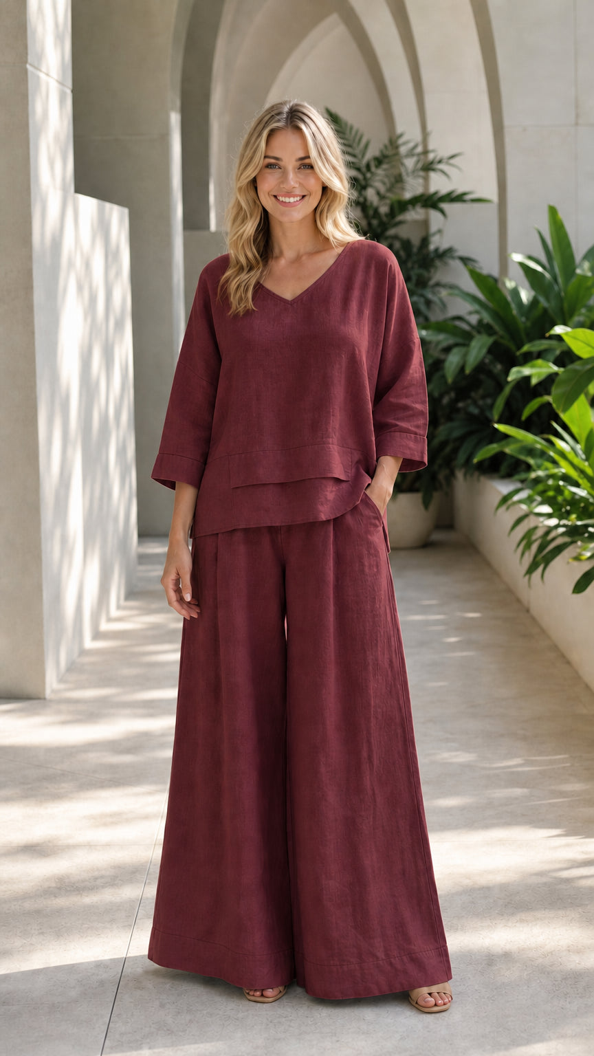 Women's Casual V-Neck Two-Piece Wide-Leg Lounge Set