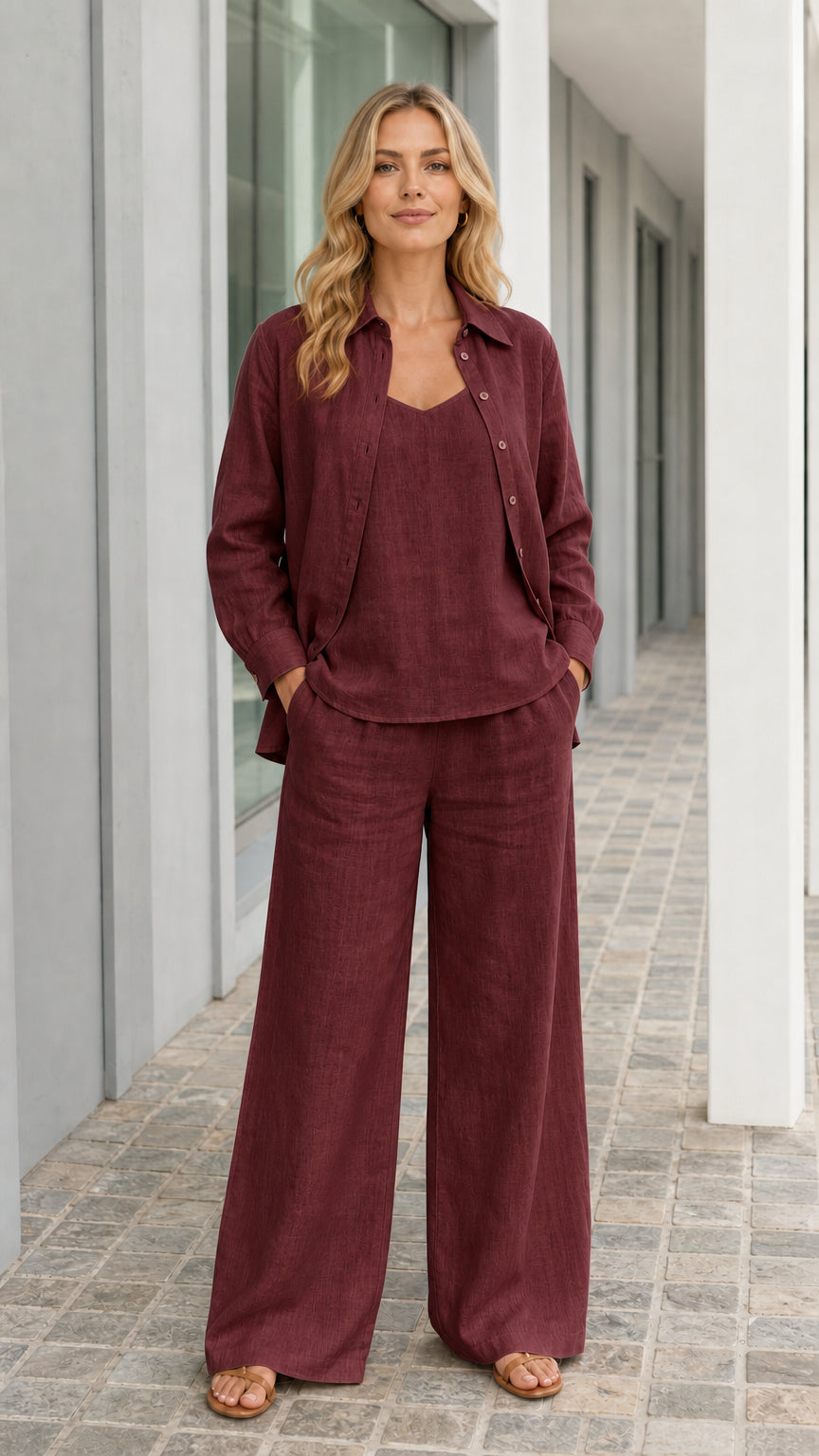 Women's Casual 3-Piece Linen Blend Button-Down Shirt Cami and Wide-Leg Pants Set