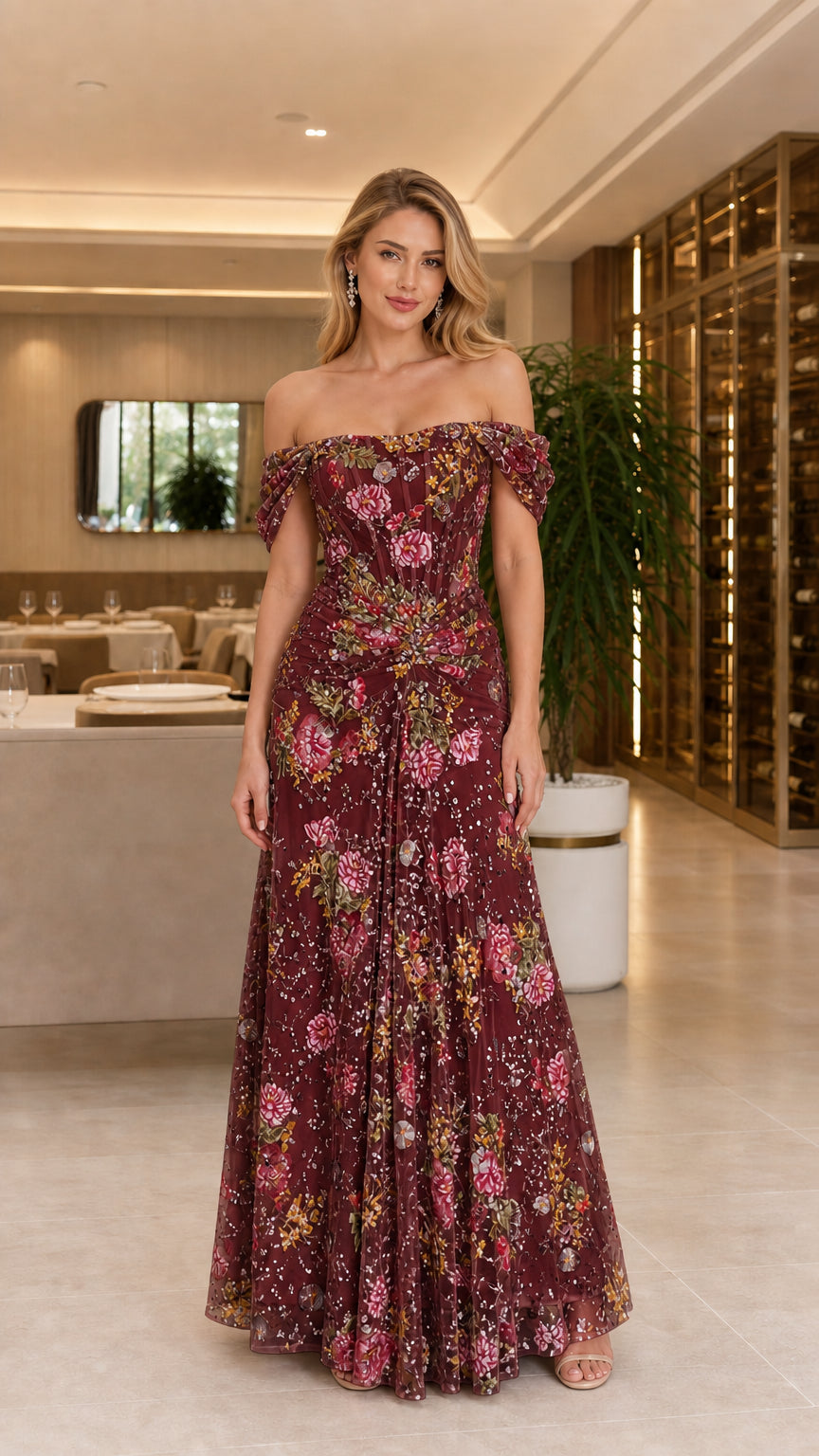 Burgundy color variant of the floral embroidered evening gown