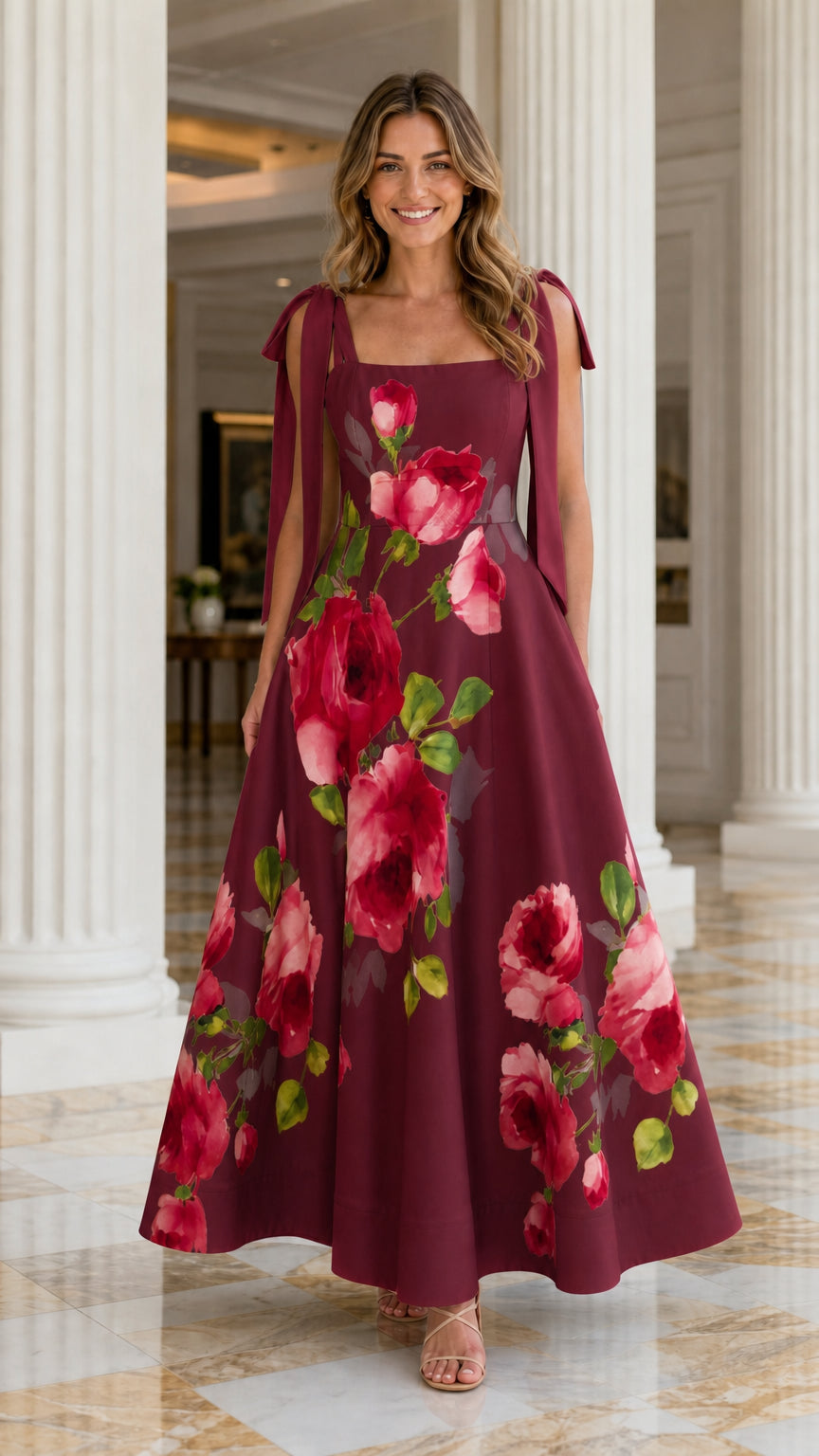 Women's Elegant Floral Print Tie-Strap Maxi Dress