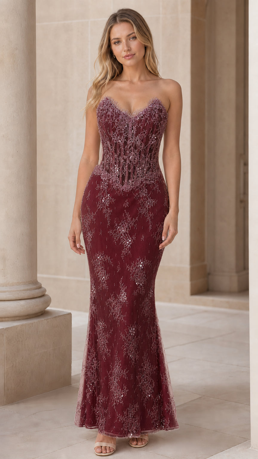 Burgundy color variant of the strapless lace mermaid evening dress