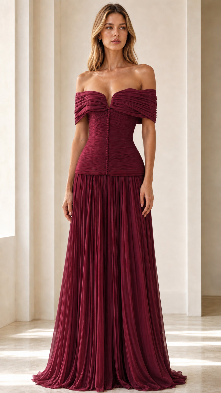 Front view of burgundy off-shoulder pleated corset maxi dress