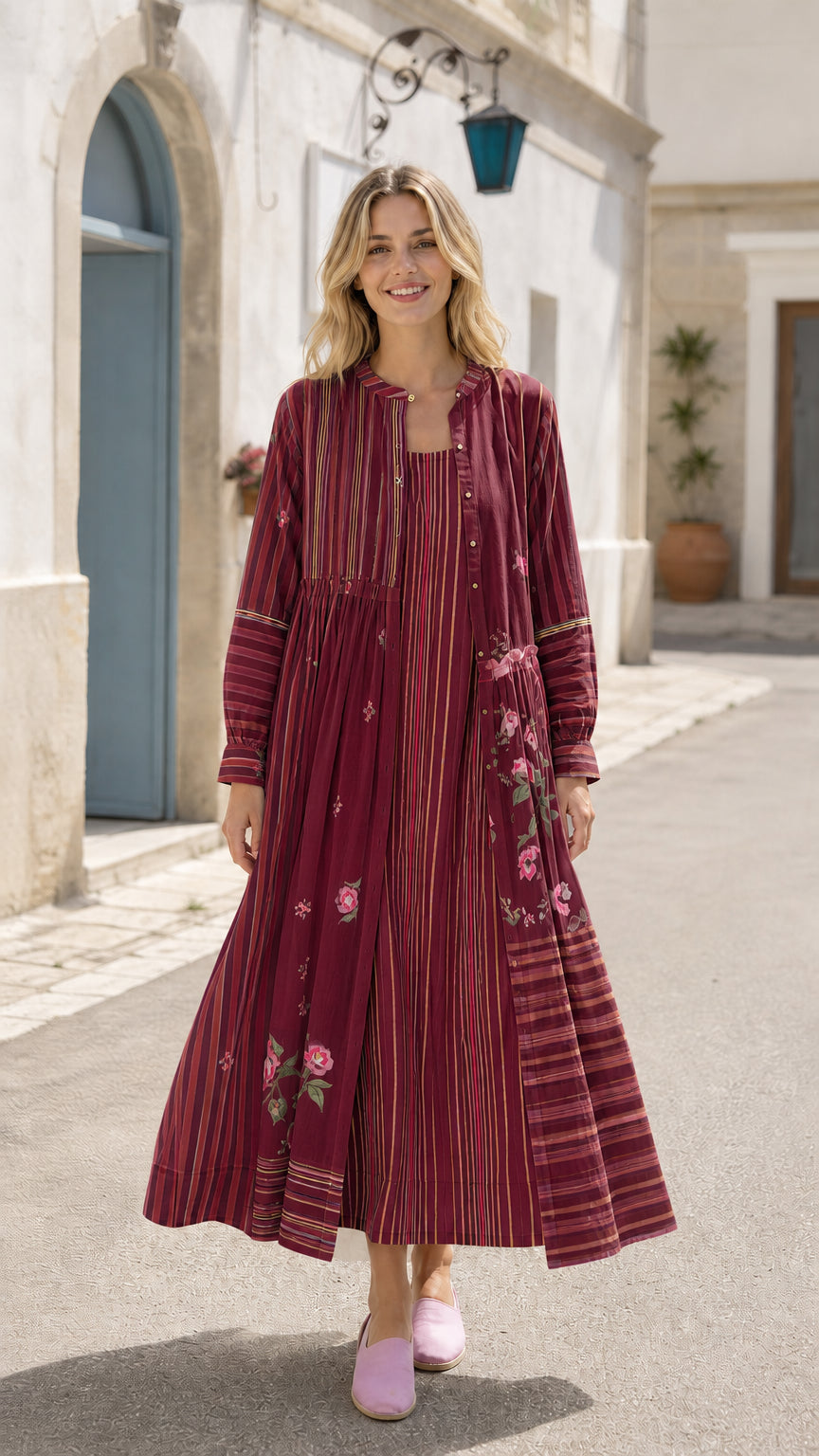 Women's Patchwork Stripe & Floral Long Sleeve Maxi Cardigan Dress Set