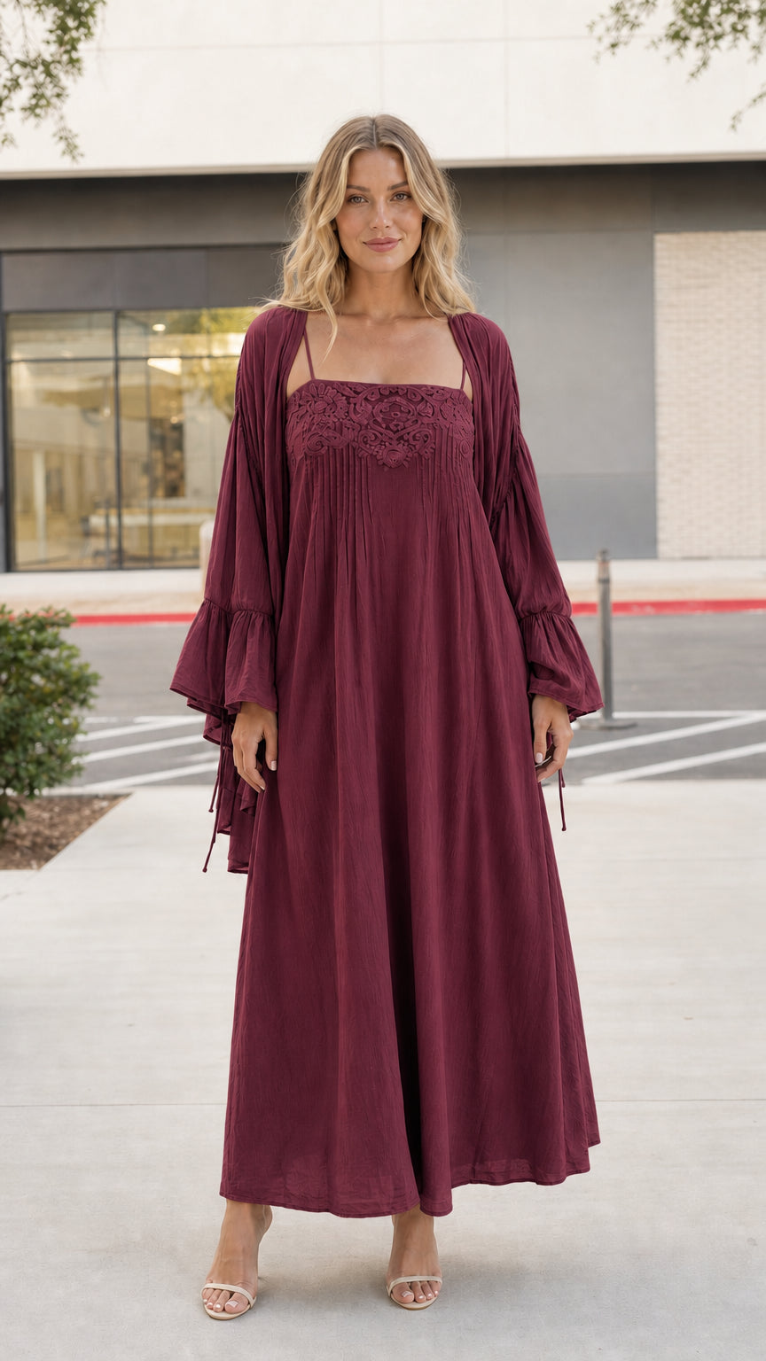 Model wearing burgundy boho cami dress and matching kimono set