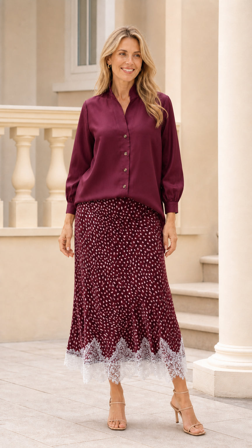 Women's Long-Sleeve Button-Down Blouse and Printed Midi Skirt Two-Piece Set