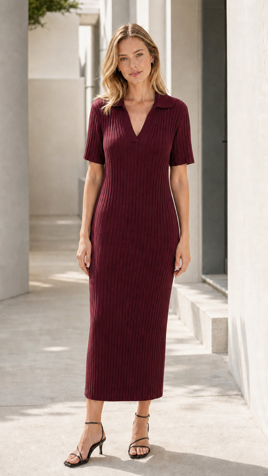Women's Ribbed Knit Polo Midi Dress