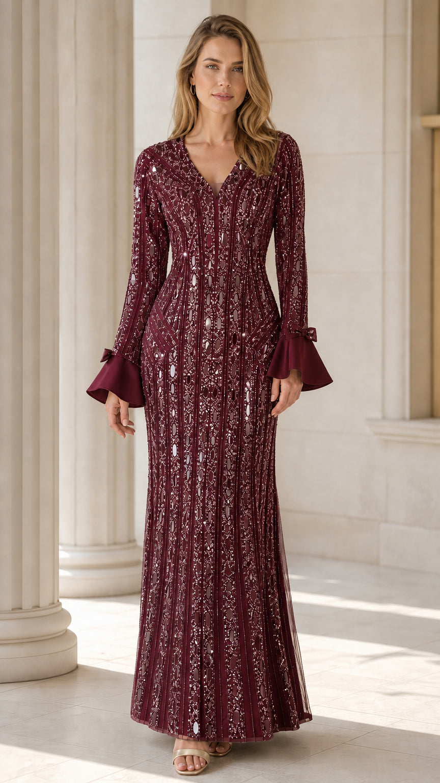 Front view of burgundy sequin evening gown