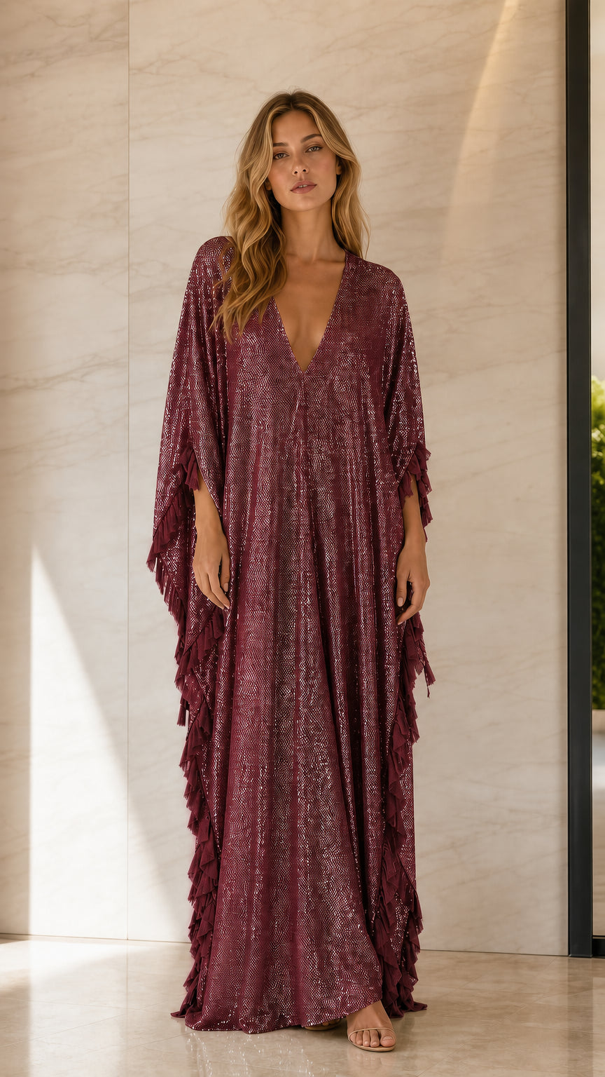 Front view of woman wearing burgundy sequin caftan dress