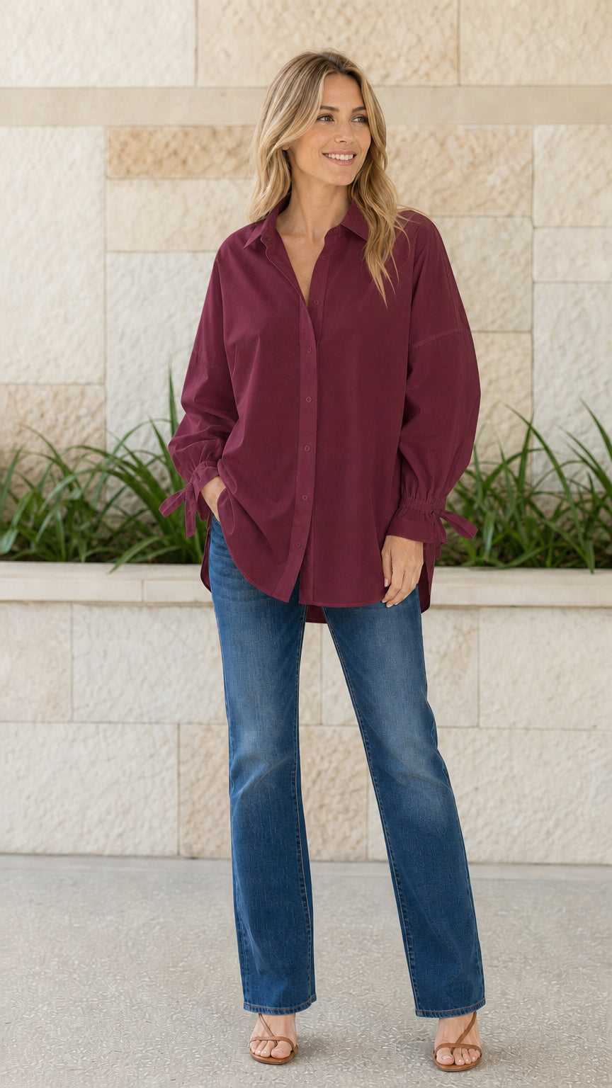 Women's Casual Oversized Button-Down Shirt with Tie Cuffs