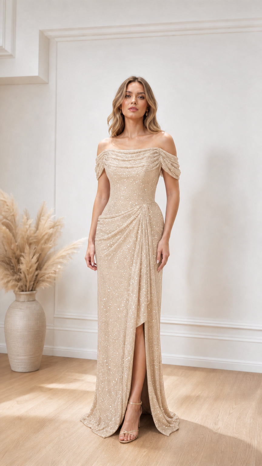 Front view of champagne off-the-shoulder evening gown
