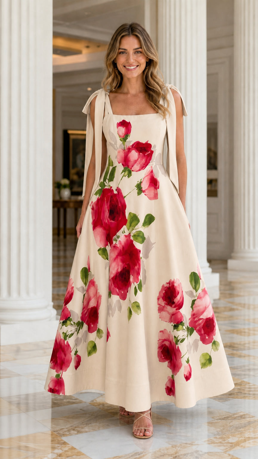 Women's Elegant Floral Print Tie-Strap Maxi Dress