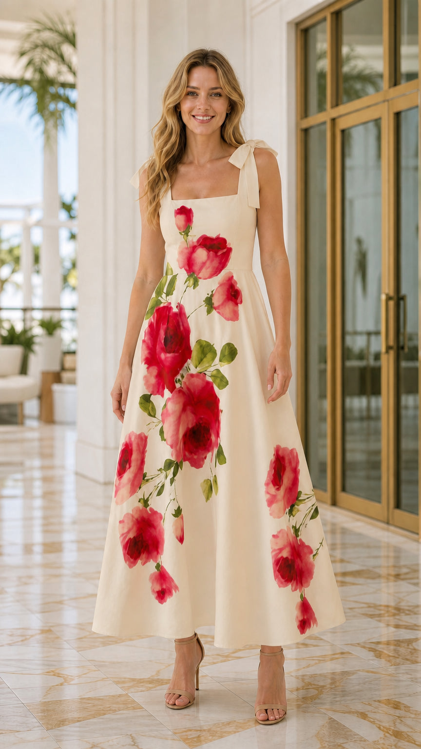 Women's Square Neck Floral Print Tie-Strap Maxi Dress