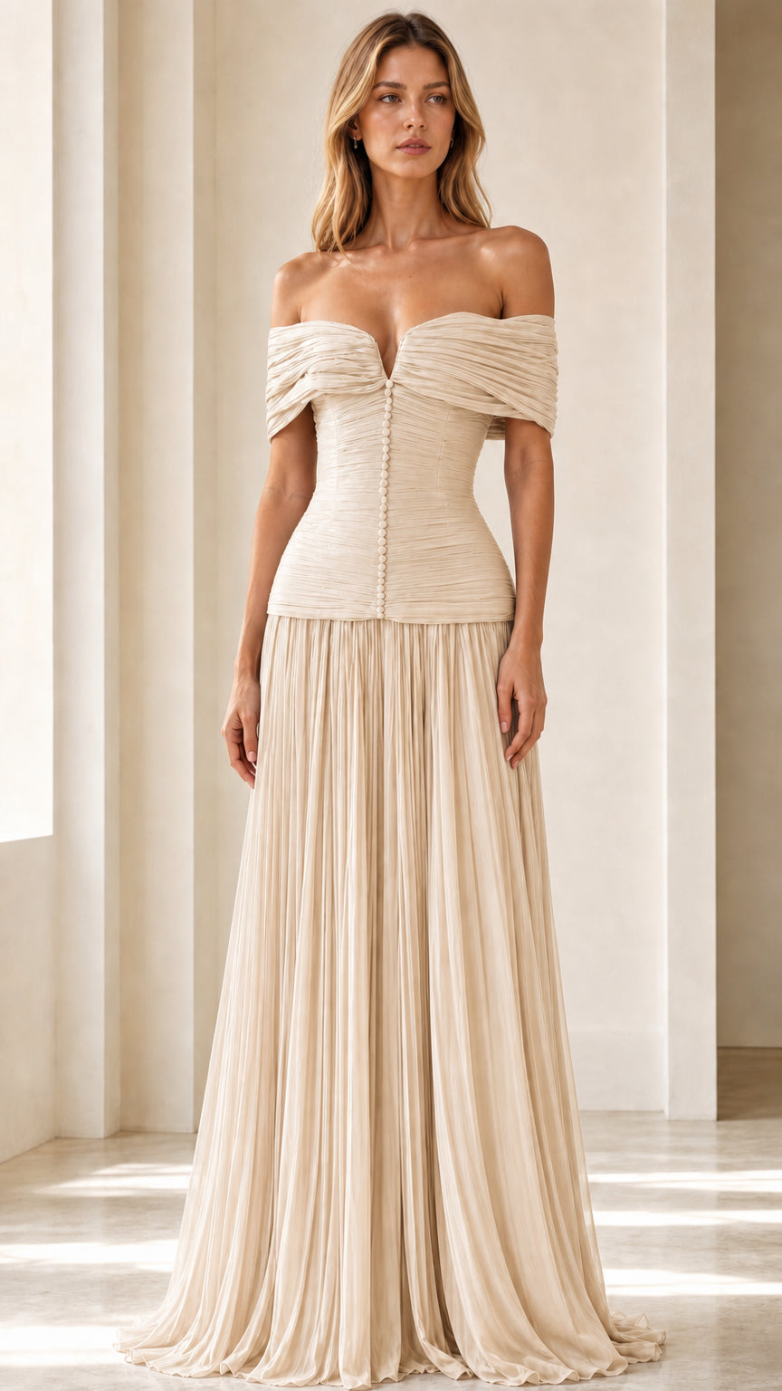 Front view of champagne off-shoulder pleated corset maxi dress