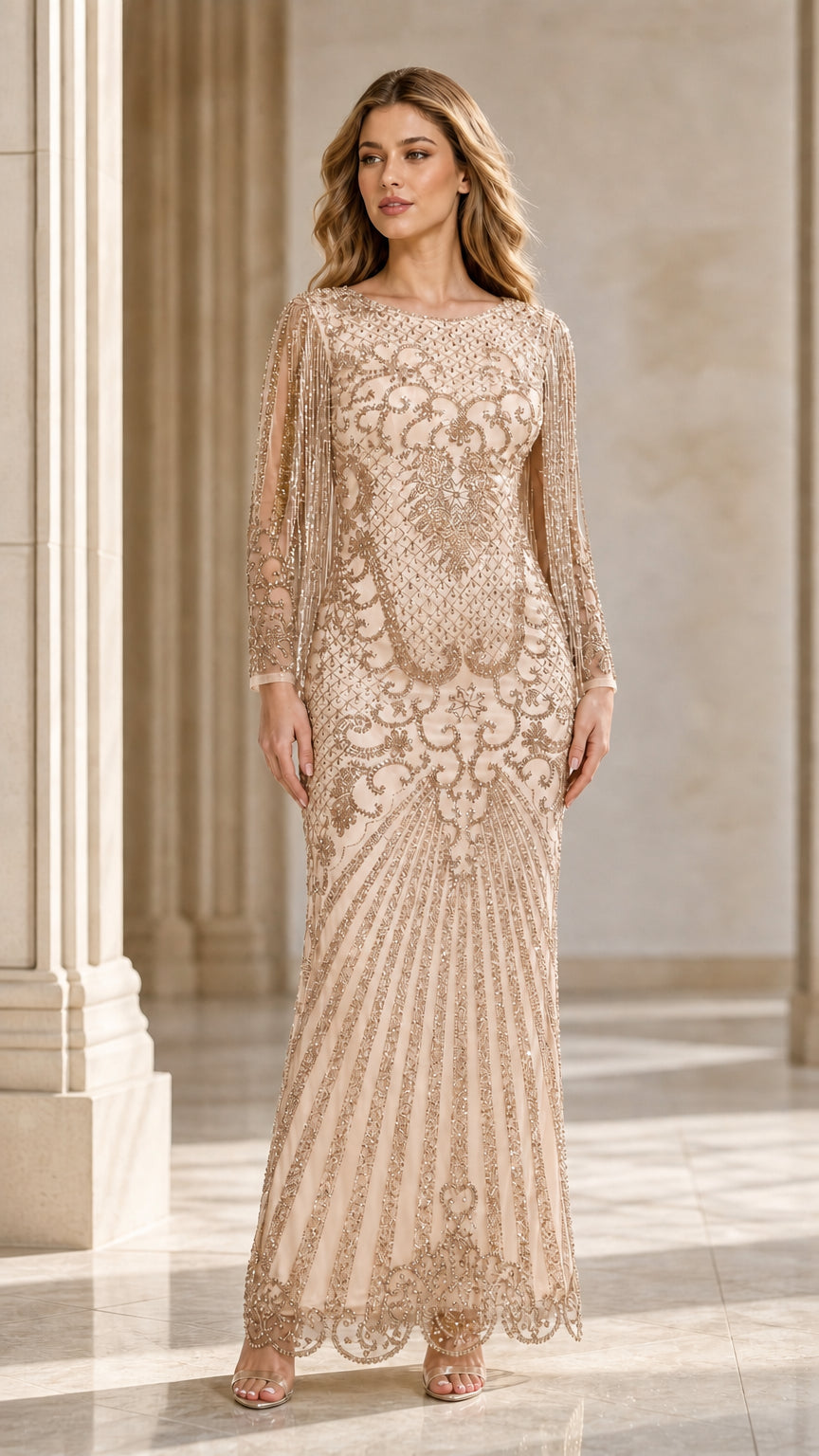 Champagne beaded evening gown variant