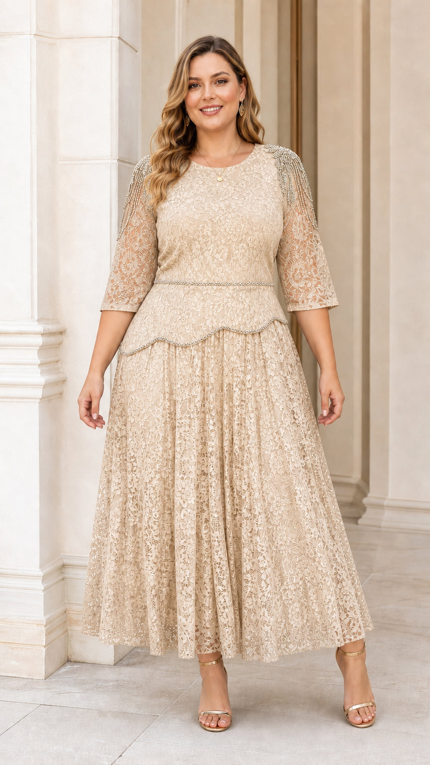 Front view of plus size model wearing champagne lace dress