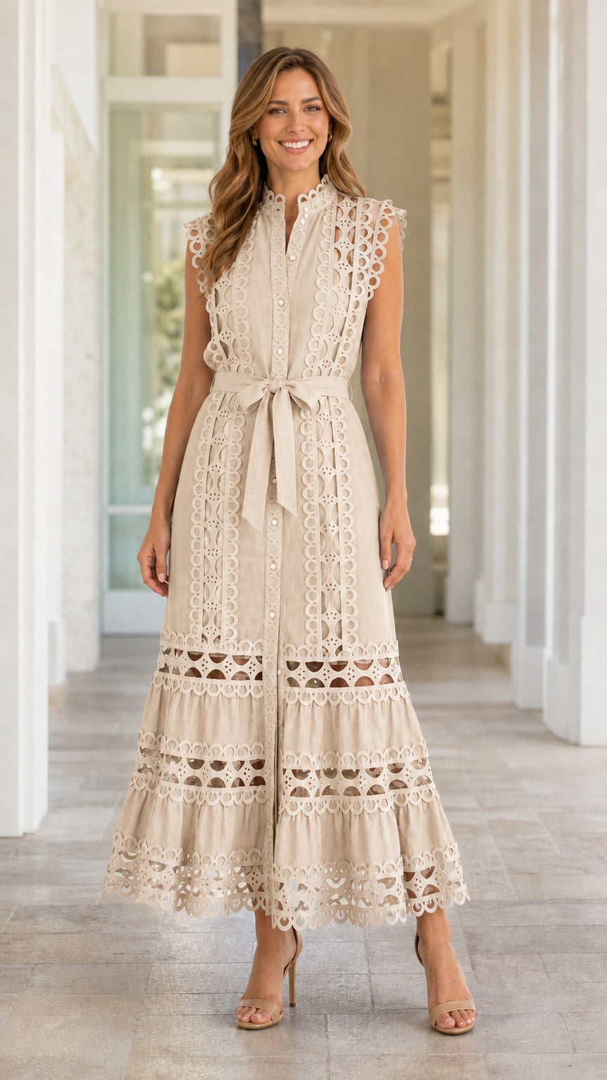 Women's Sleeveless Eyelet Lace Midi Dress with Self-Tie Belt