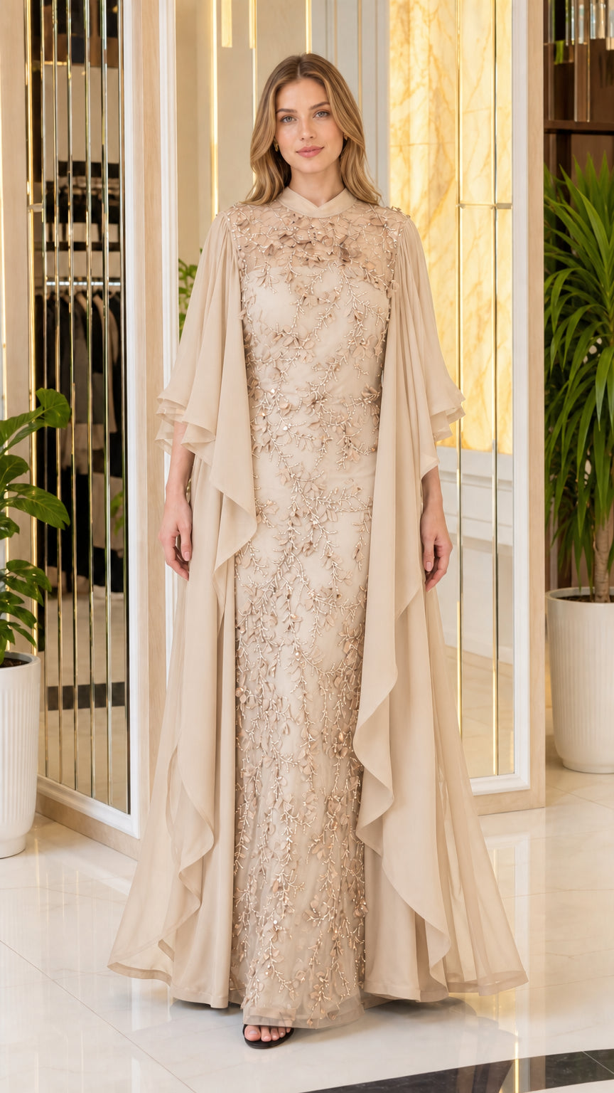 Front view of champagne evening gown variant