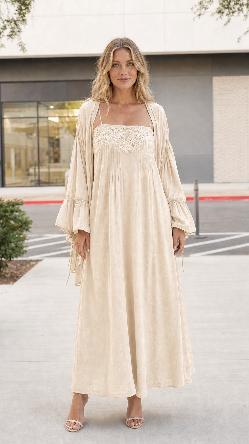 Model wearing beige boho cami dress and matching kimono set