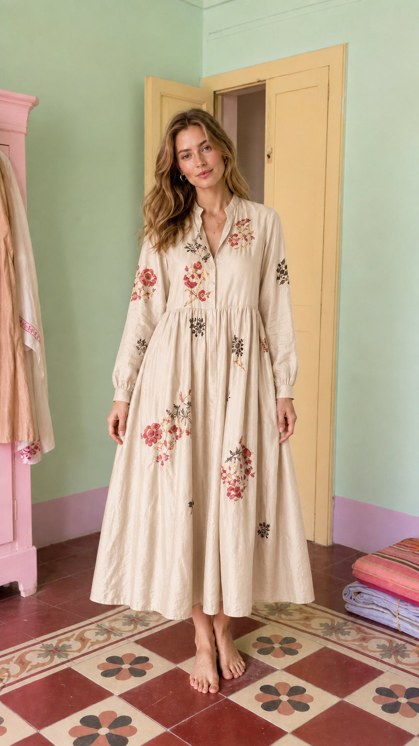 Women's Long-Sleeve Embroidered Midi Dress with Button Front