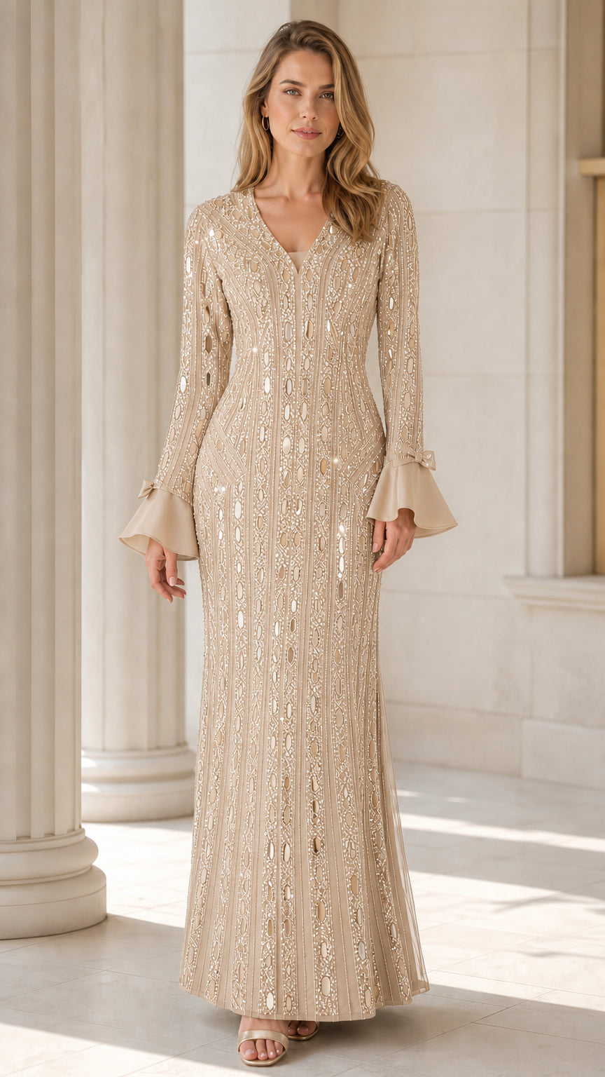 Front view of champagne sequin evening gown