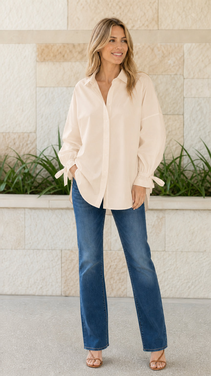 Women's Casual Oversized Button-Down Shirt with Tie Cuffs