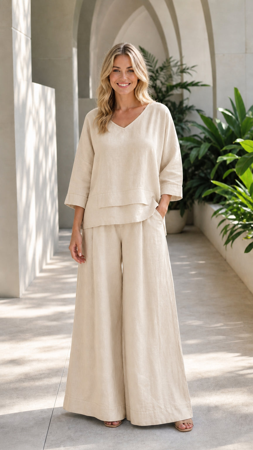 Women's Casual V-Neck Two-Piece Wide-Leg Lounge Set