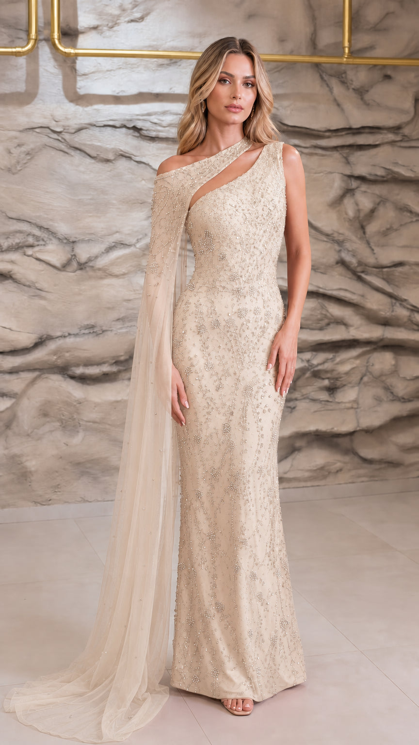 Champagne color variant of one-shoulder beaded evening dress