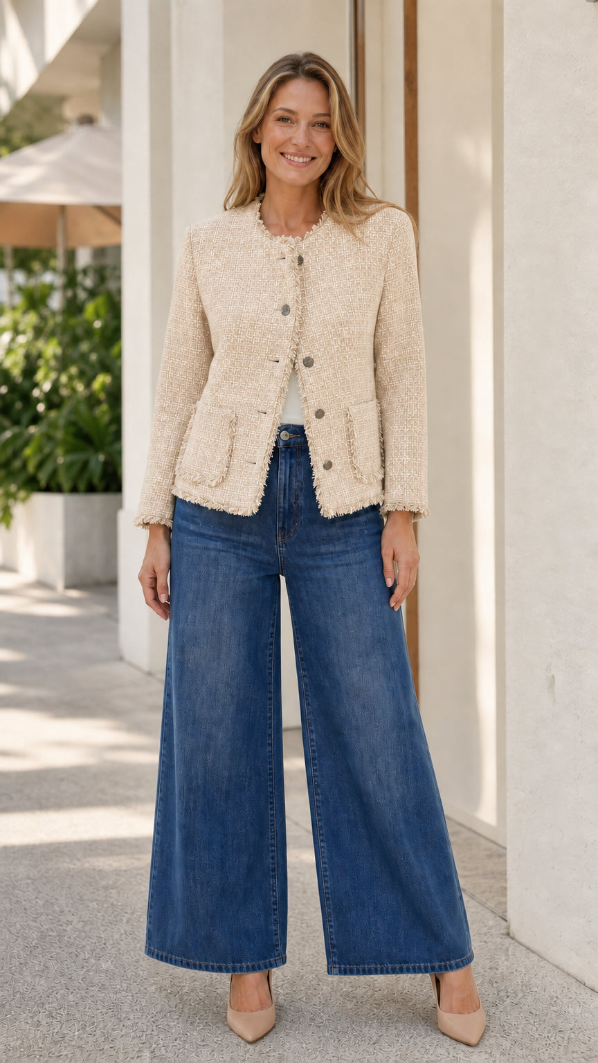 Classic Fringe-Trim Tweed Button-Front Jacket