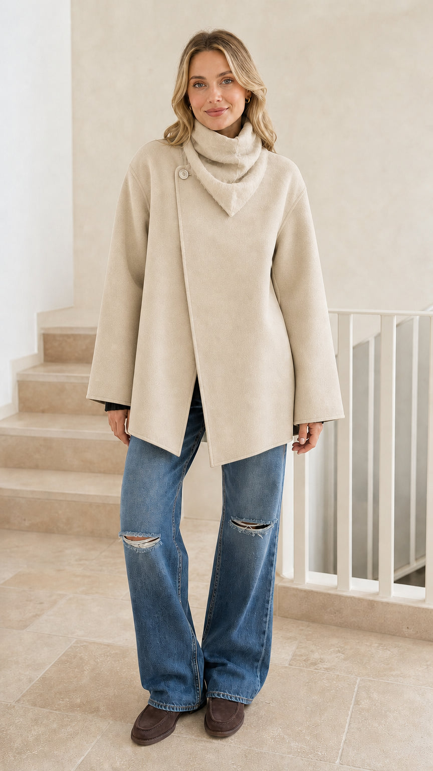 Front view of woman wearing beige asymmetrical cowl neck jacket