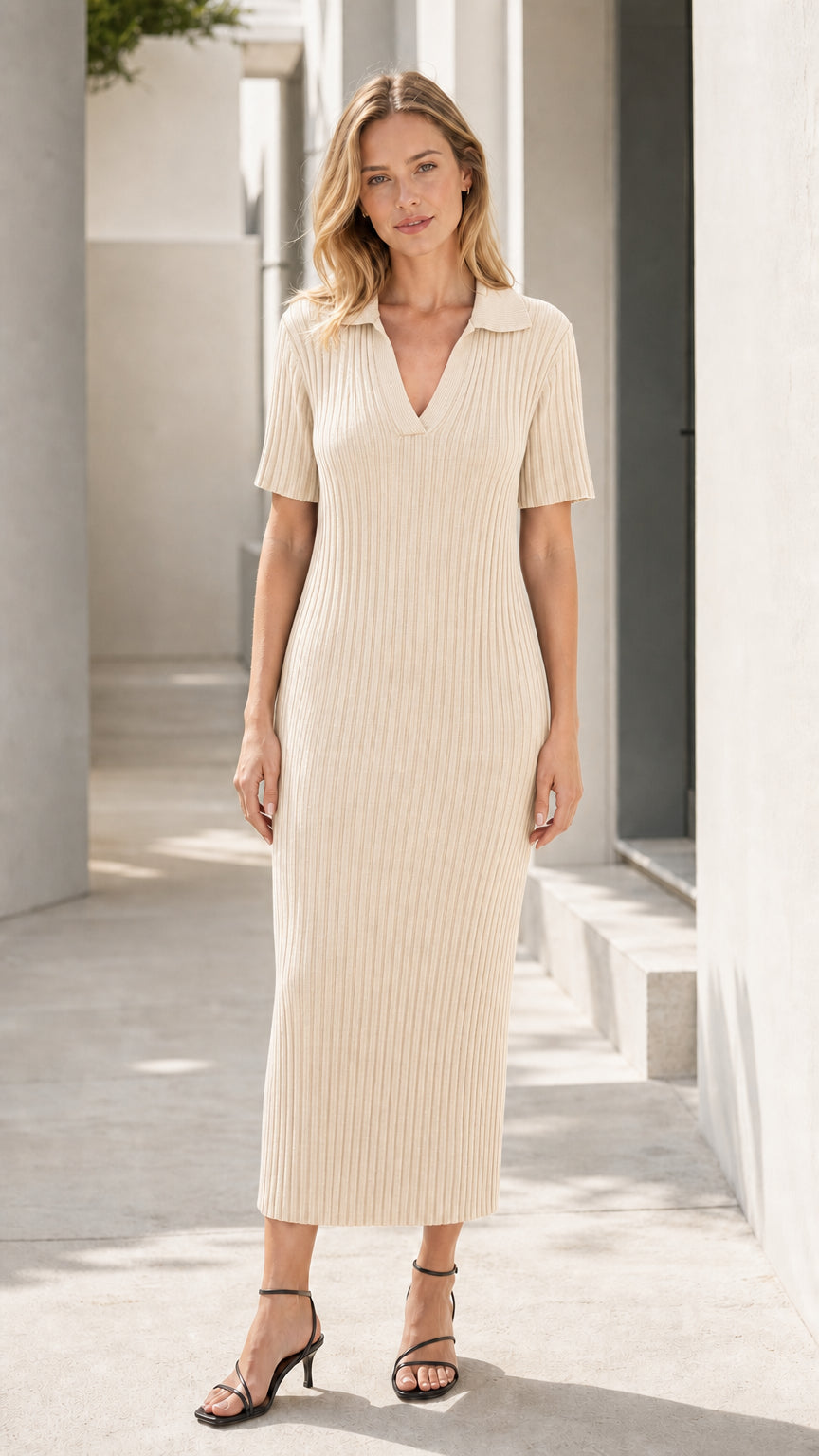 Women's Ribbed Knit Polo Midi Dress
