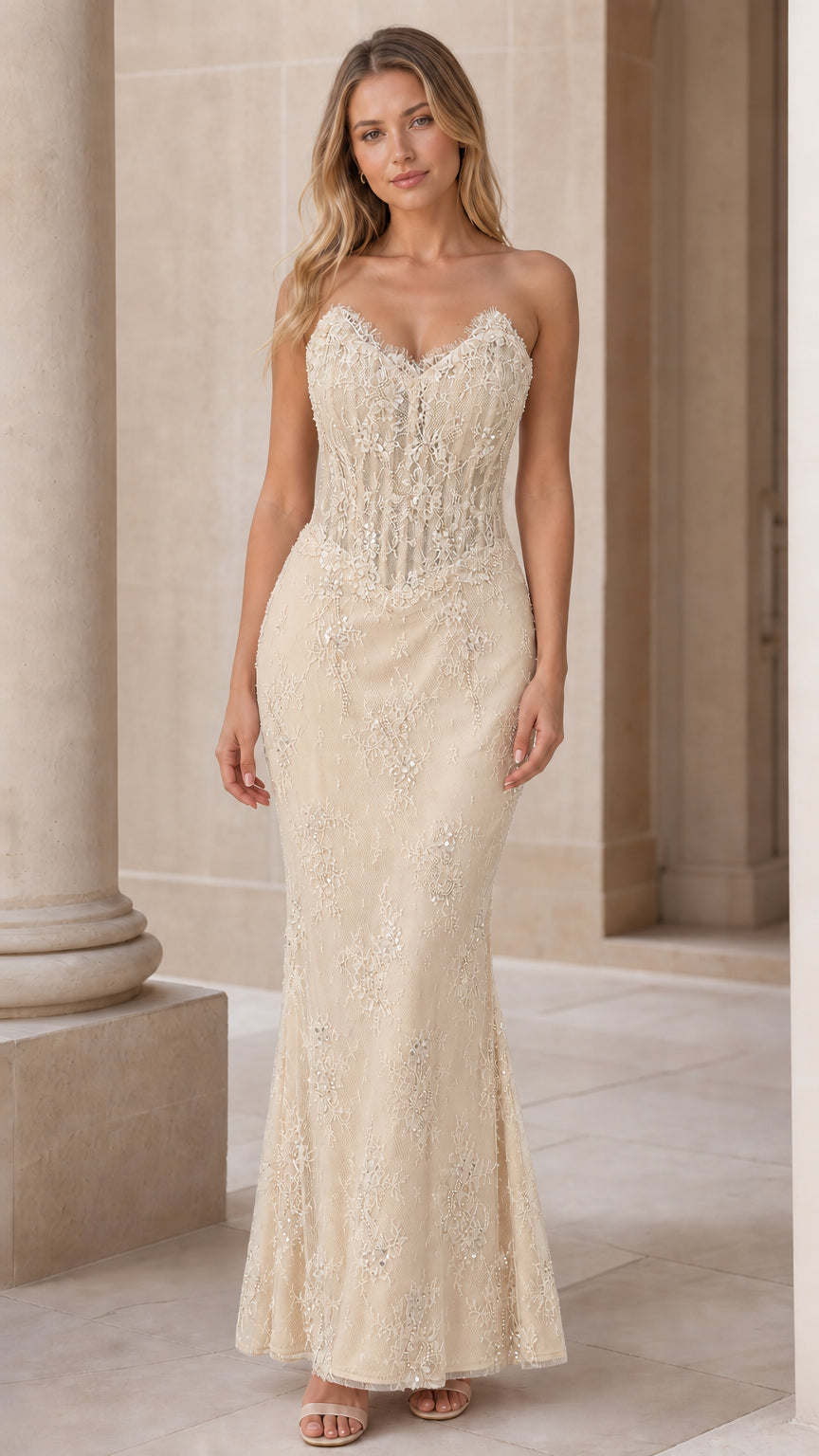 Champagne color variant of the strapless lace mermaid evening dress