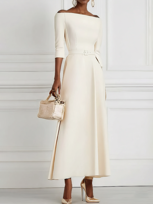 White Classic Off The Shoulder Half Sleeve A-Line Maxi Dress