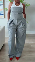 Pinstripe Tube Top & Wide Leg Pants Two Piece Set