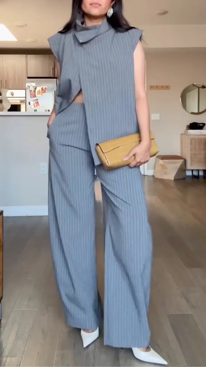 Grey Pinstripe Sleeveless Vest & Wide Leg Pants Set