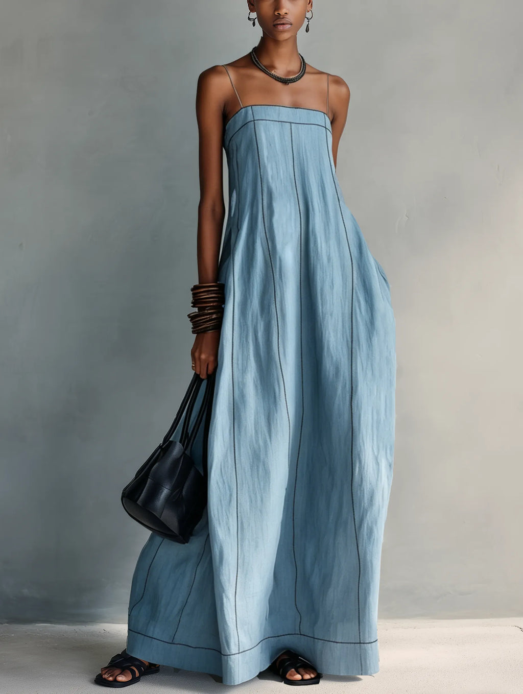 Women's Casual Blue Cotton-linen Sleeveless Camisole Maxi Dress MDZ1660F0LXY