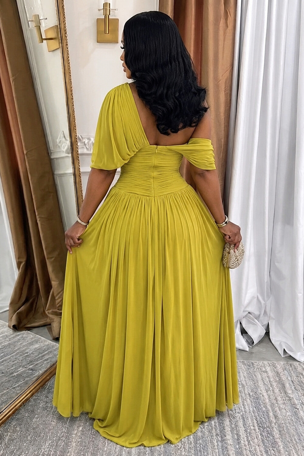 One Shoulder Cinch Waist Ruched A-Line Casual Maxi Dresses-Olive