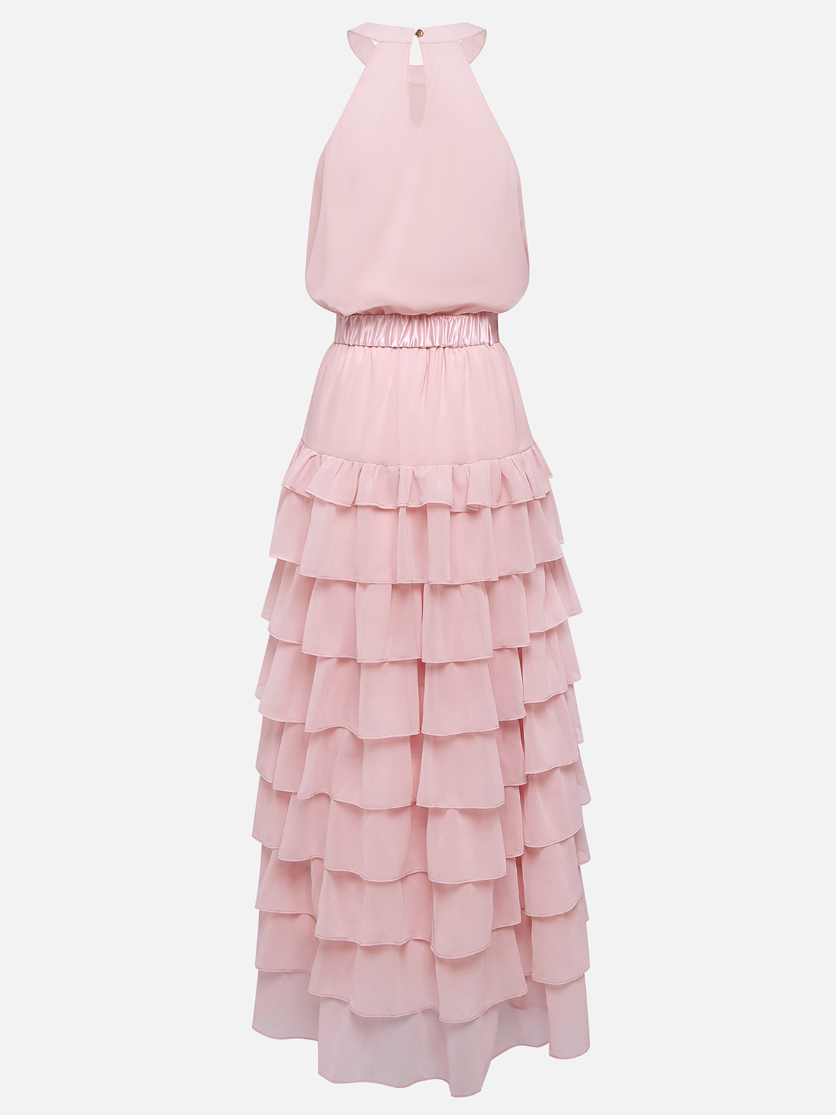 Pink Ruffle Tiered Chiffon Halter Neck Sleeveless A-Line Two-piece Set Top with Skirt