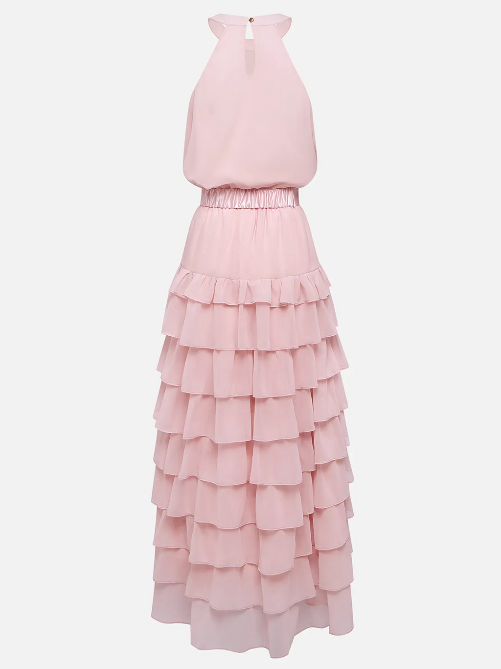 Pink Ruffle Tiered Chiffon Halter Neck Sleeveless A-Line Two-piece Set Top with Skirt