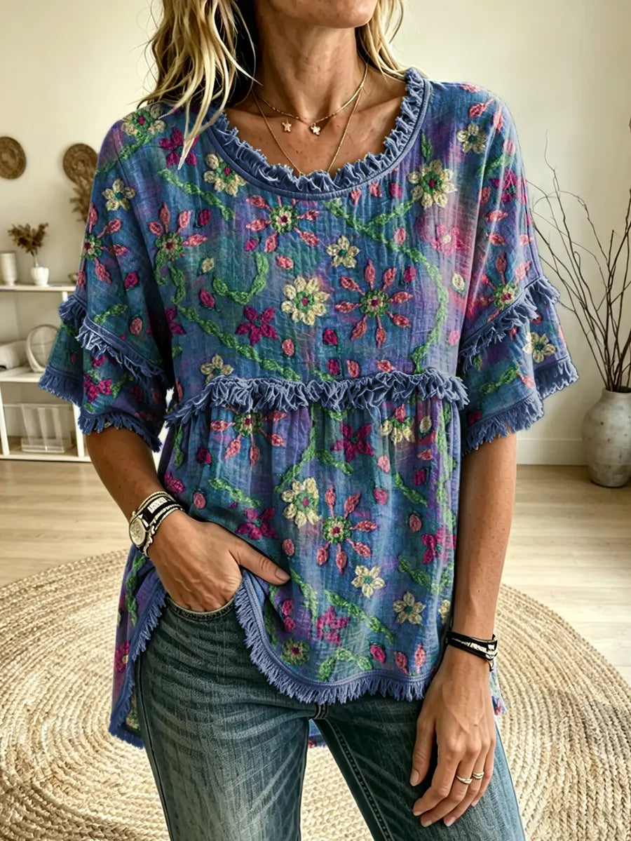 Women's Boho Floral Tie Dye Fringe Top