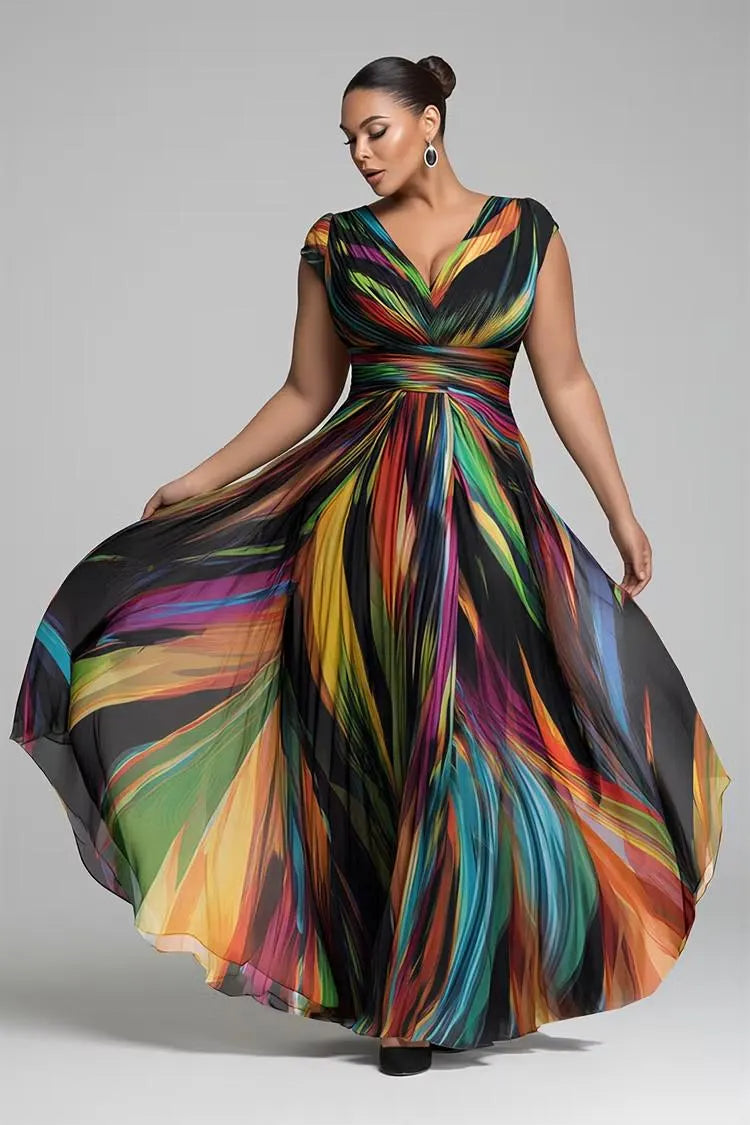 Colorful Abstract Print Chiffon Maxi Dress